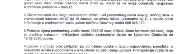 JAVNI POZIV ZA PRODAJU POKRETNIH STVARI – PUTNIČKOG VOZILA PUTEM PUTEM JAVNOG NADMETANJA S POŠTOVANJEM !   Ratko Maslovarić, dip.pravnik